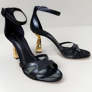 ANTONIO MELANI Black Ankle-Strap Sandals with Gold Sculpted Heel